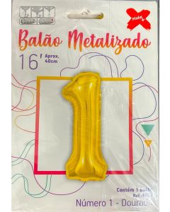 Balão Metal. 40cm Dourado Número 1 Make+