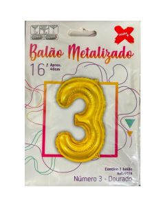 Balão Metalizado Número 3 Dourado Make+