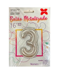 Balão Metalizado Número 3 Prata Make+