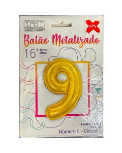 Balão Metalizado Número 9 Dourado Make+
