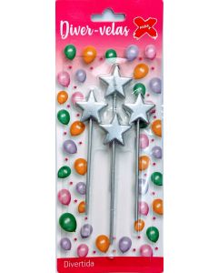 Vela Topo de Bolo Estrelas Met. Prata c/4 unid. Make+